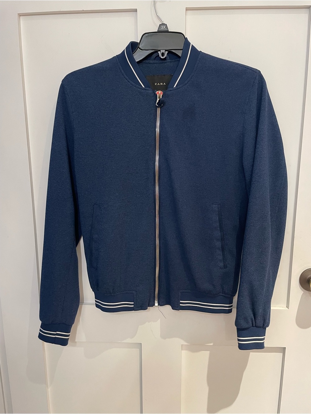 Zara Men’s Navy Varsity Bomber Zip Front Satin Lined Jacket S Excellent Cond